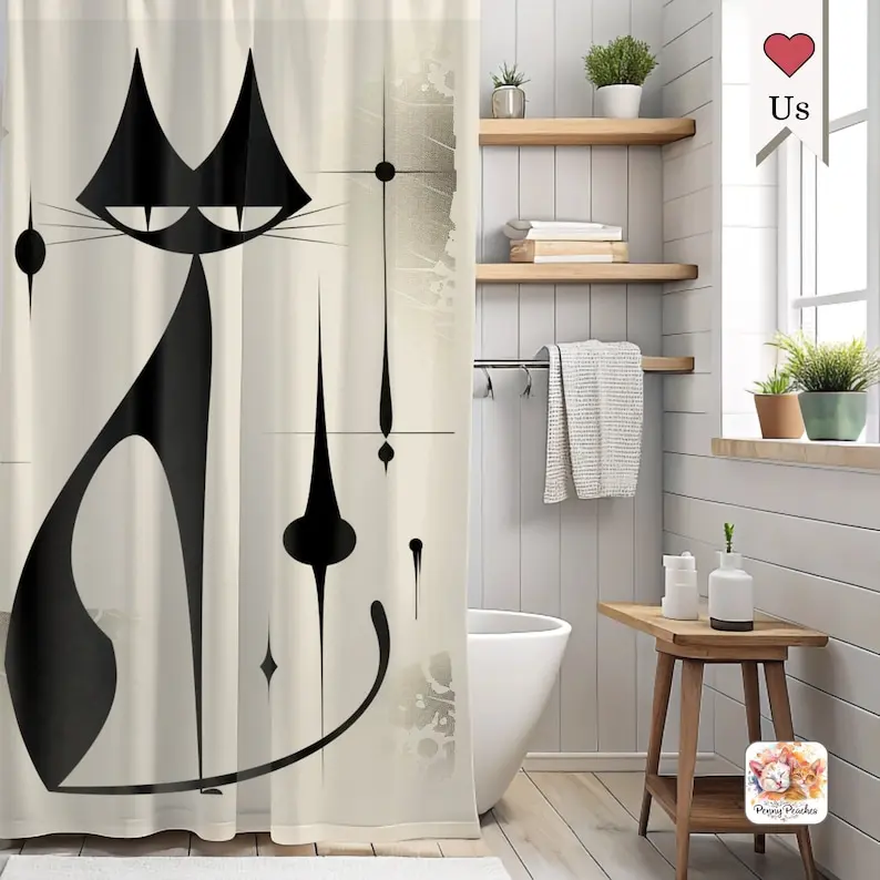 Elegant Atomic Cat Art Shower Curtain | Modern Minimalist Bathroom Decor | Black and Beige Mid-Century Style Curtain
Elegant Atomic Cat Art Shower Curtain | Modern Minimalist Bathroom Decor | Black and Beige Mid-Century Style Curtain