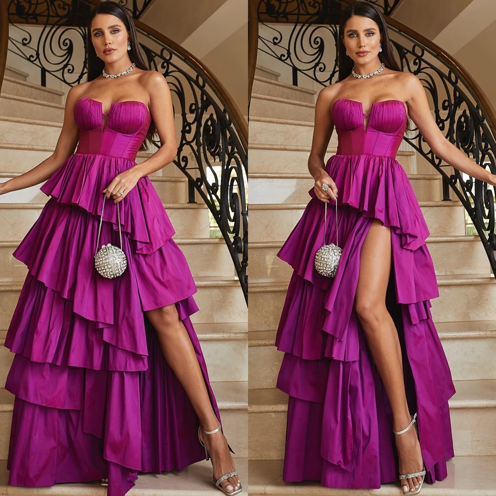 Customized Formal Purple Satin Evening Dress Graceful Strapless Sleeveless Cocktail Dresses Delicate Tiered Side Slit Prom Dress
Customized Formal Purple Satin Evening Dress Graceful Strapless Sleeveless Cocktail Dresses Delicate Tiered Side Slit Prom Dress