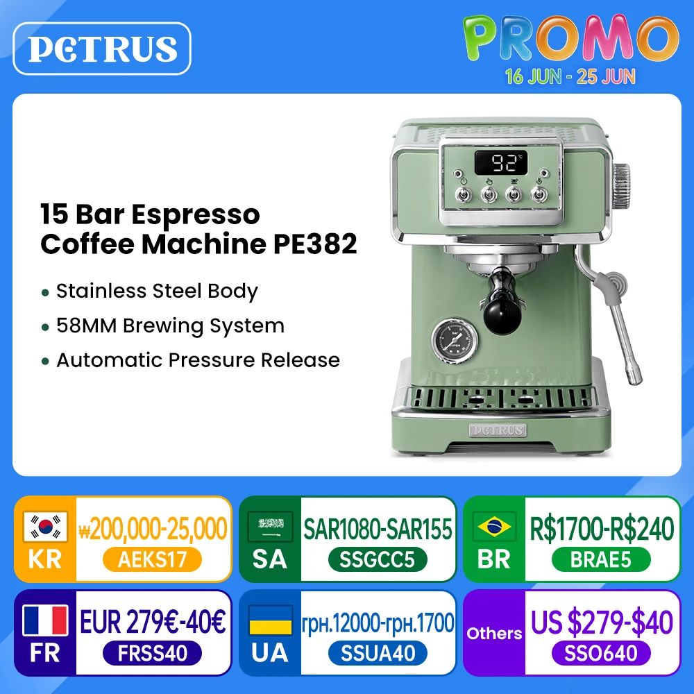 Petrus Espresso Coffee Machine 58mm/15 Bar Espresso Maker with Milk Frother Steam Wand Cappuccino, Latte
Petrus Espresso Coffee Machine 58mm/15 Bar Espresso Maker with Milk Frother Steam Wand Cappuccino, Latte