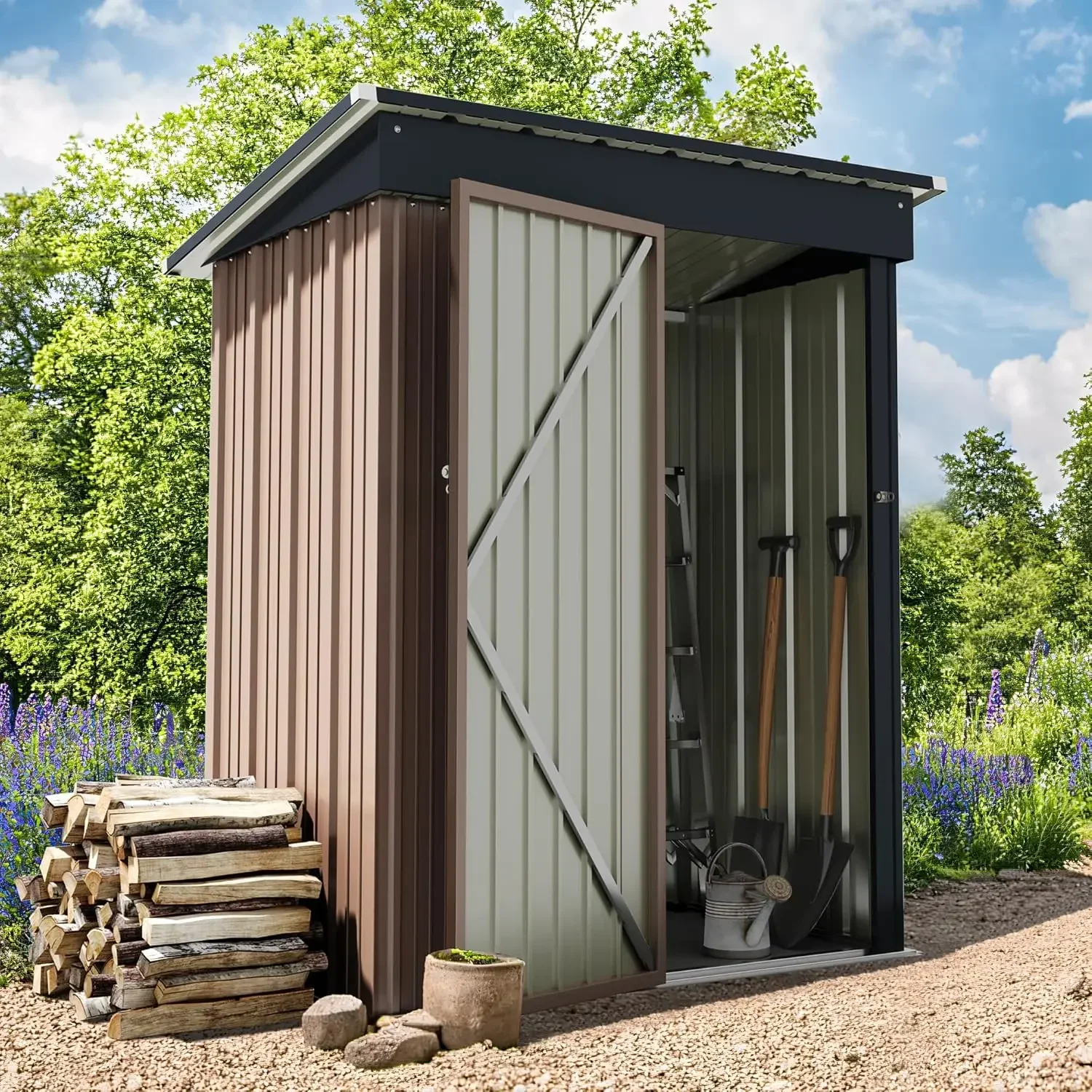 Outdoor Storage Shed 5 x 3 ft. Utility Tool Shed Metal Storage Garden Shed with Door & Lock for Patio Storage, Brown
Outdoor Storage Shed 5 x 3 ft. Utility Tool Shed Metal Storage Garden Shed with Door & Lock for Patio Storage, Brown