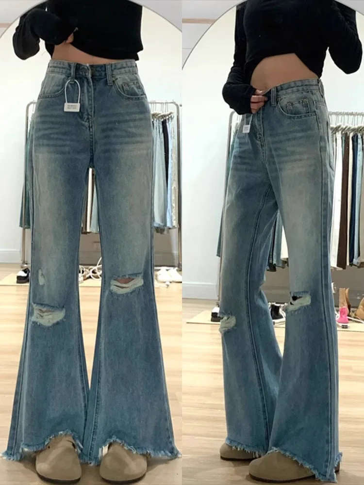 American High Street Style Distressed Denim Jeans Flared Loose Slimming Not Tight Leg Micro Flared Pants for plus Size Women
American High Street Style Distressed Denim Jeans Flared Loose Slimming Not Tight Leg Micro Flared Pants for plus Size Women