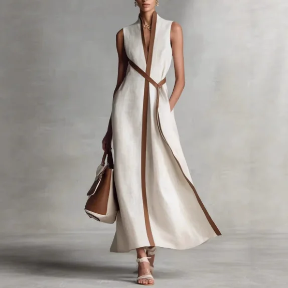 Women's Dress 2026 Spring Summer New Contrasting Sleeveless Stand Up Collar Pocket Design Cotton Linen Loose Casual Long Dress
Women's Dress 2026 Spring Summer New Contrasting Sleeveless Stand Up Collar Pocket Design Cotton Linen Loose Casual Long Dress