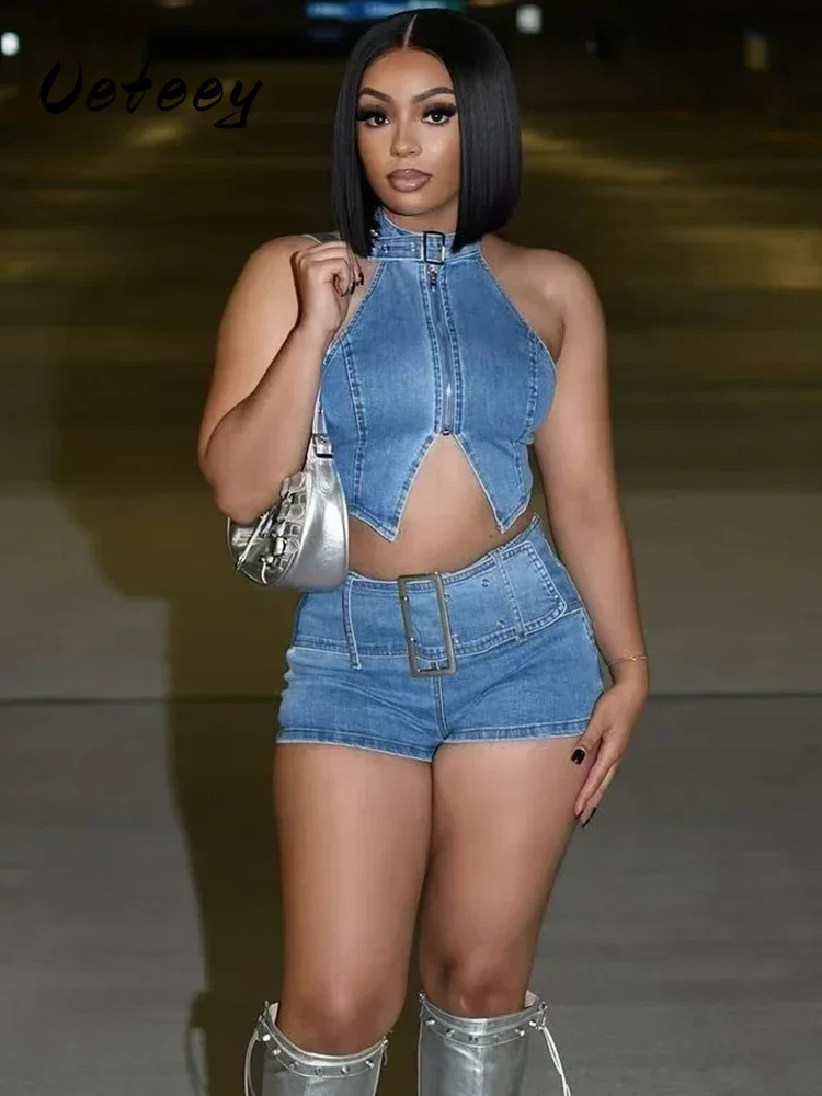 Ueteey Vintage Denim 2 Piece Set Women Halter Zip Tank Tops+Metal Buckle Sash Shorts Tight Matching Summer Hipster Clubwear
Ueteey Vintage Denim 2 Piece Set Women Halter Zip Tank Tops+Metal Buckle Sash Shorts Tight Matching Summer Hipster Clubwear