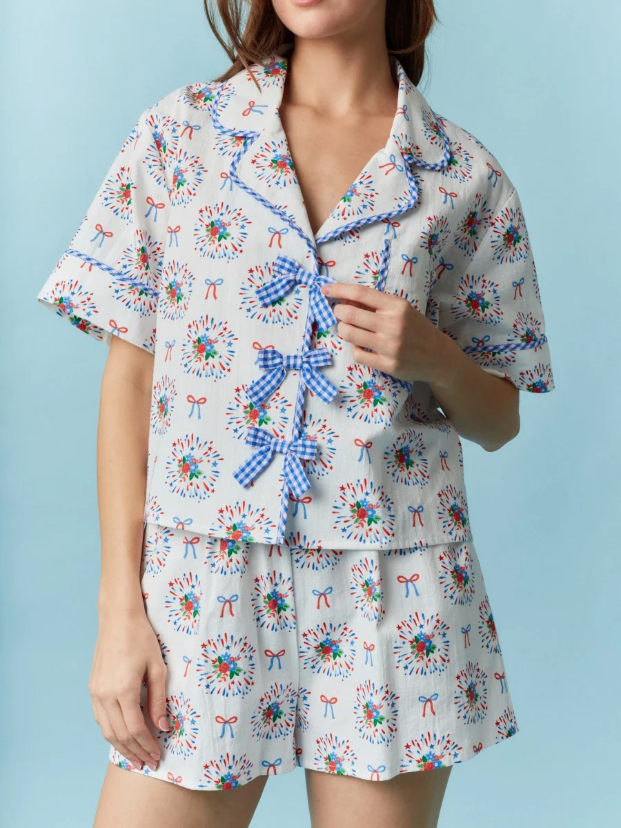 Women’s 2 Piece Pajamas Set Cute Short Sleeve Bow Front Shirt + Elastic Waist Shorts Set Lounge Clothes 
Women’s 2 Piece Pajamas Set Cute Short Sleeve Bow Front Shirt + Elastic Waist Shorts Set Lounge Clothes