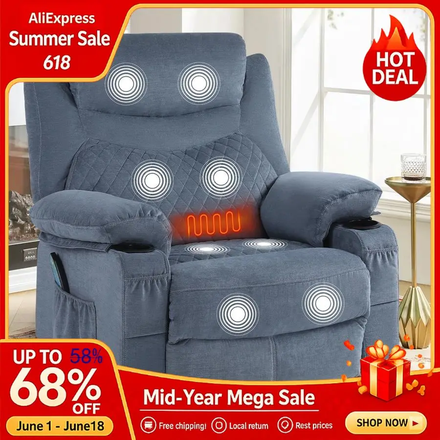 Manual Recliner Chair with Heat and Massage, Wide Seat Overstuffed Fabric Heated Massaging Recliner Chair with Cup, Custom
Manual Recliner Chair with Heat and Massage, Wide Seat Overstuffed Fabric Heated Massaging Recliner Chair with Cup, Custom