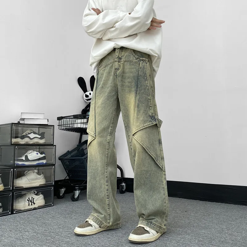 Retro Distred Denim Jeans Men's Loose Straight Leg Pants Yellow Mud Color American High Street Hip Hop Trend Design
Retro Distred Denim Jeans Men's Loose Straight Leg Pants Yellow Mud Color American High Street Hip Hop Trend Design