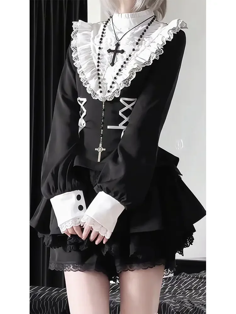 Sweet Cool Subculture Lolita Gothic Series, мини-платье с оборками и повязкой на талии для похудения + шорты, комплекты юбок из двух предметов для девочек Y2k 
Sweet Cool Subculture Lolita Gothic Series, мини-платье с оборками и повязкой на талии для похудения + шорты, комплекты юбок из двух предметов для девочек Y2k