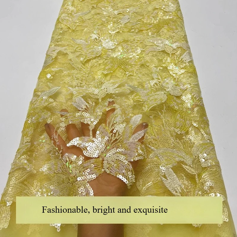 French yellow mesh fabric, African Xinmi sequined narcissus embroidery fabric, dress and wedding dress sewing
French yellow mesh fabric, African Xinmi sequined narcissus embroidery fabric, dress and wedding dress sewing