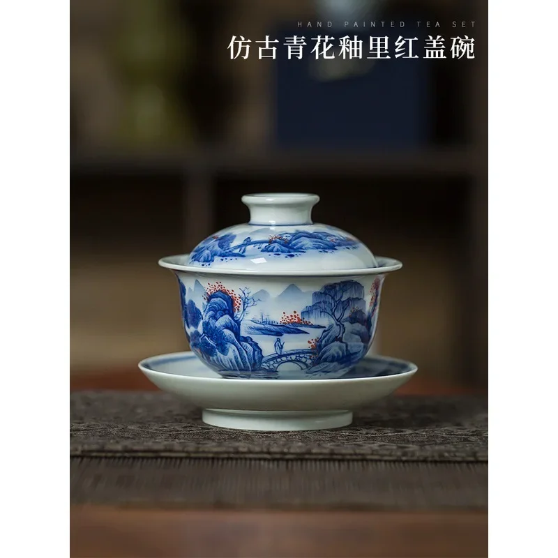 Handmade Gaiwan teacup Jingdezhen hand-painted ceramic tea set Sancai bowl exquisite retro blue and white bubble tea bowl
Handmade Gaiwan teacup Jingdezhen hand-painted ceramic tea set Sancai bowl exquisite retro blue and white bubble tea bowl
