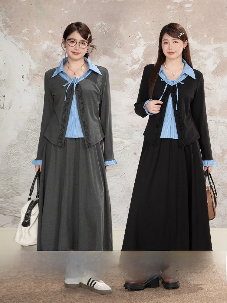 Heynew plus Size Women's Plaid Shirt Half Skirt Slimming Wood Grain Splicing Set Spring Commute Korean Style Long Sleeve
Heynew plus Size Women's Plaid Shirt Half Skirt Slimming Wood Grain Splicing Set Spring Commute Korean Style Long Sleeve
