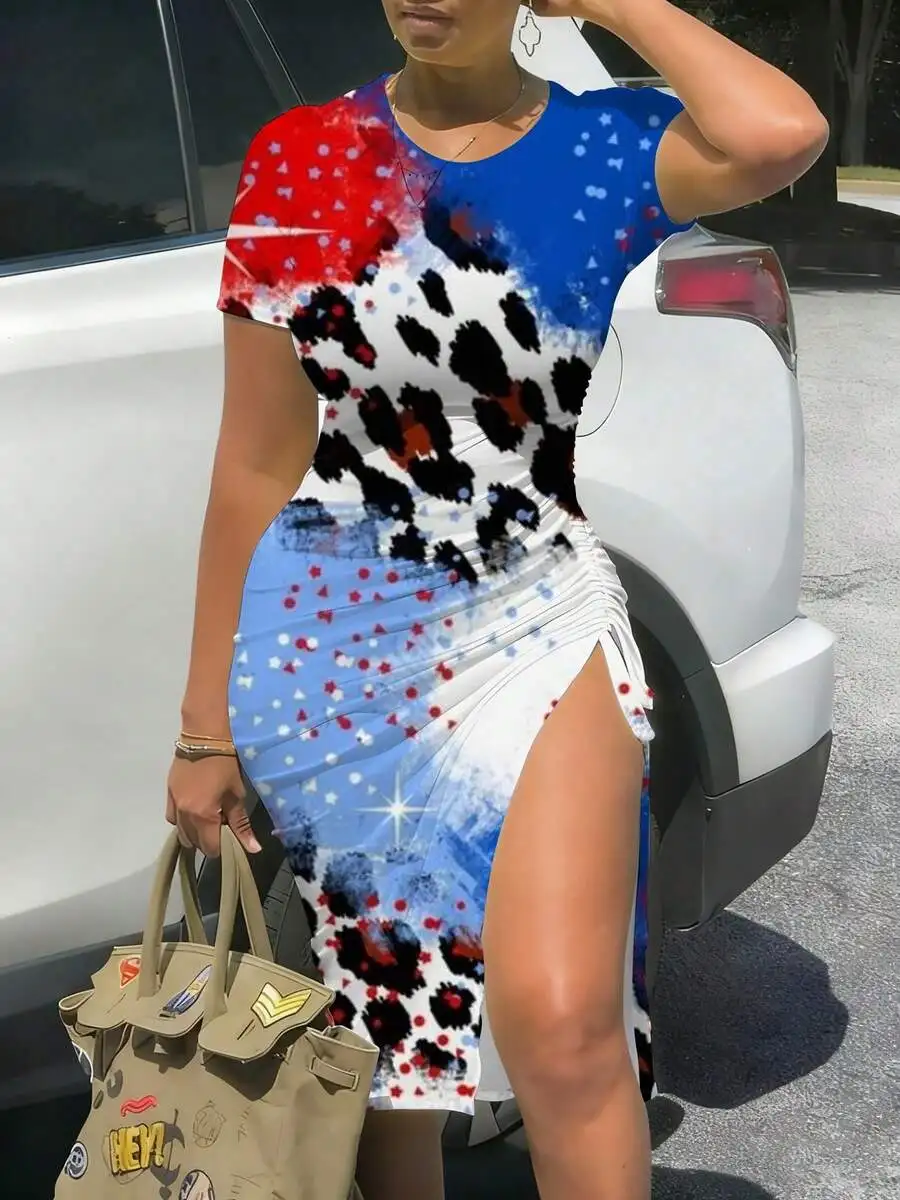 Red White Blue Leopard Print Side Split Bodycon Short Sleeve Midi Dress
Red White Blue Leopard Print Side Split Bodycon Short Sleeve Midi Dress