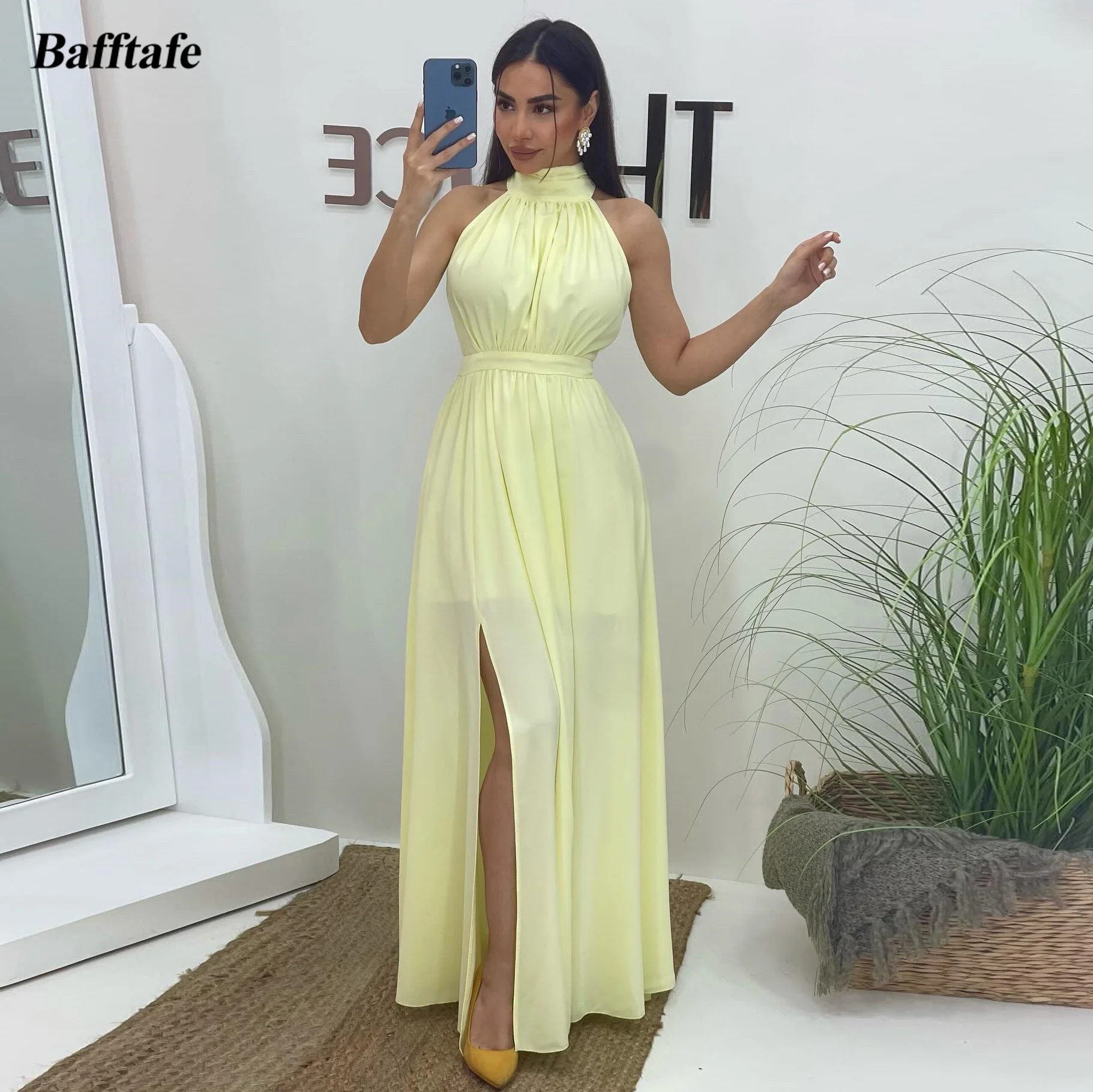 Bafftafe Simple Yellow Prom Dresses Customized Halter Saudi Arabic Leg Slit Women Bridesmaid Formal Occasion Party Evening Gowns
Bafftafe Simple Yellow Prom Dresses Customized Halter Saudi Arabic Leg Slit Women Bridesmaid Formal Occasion Party Evening Gowns