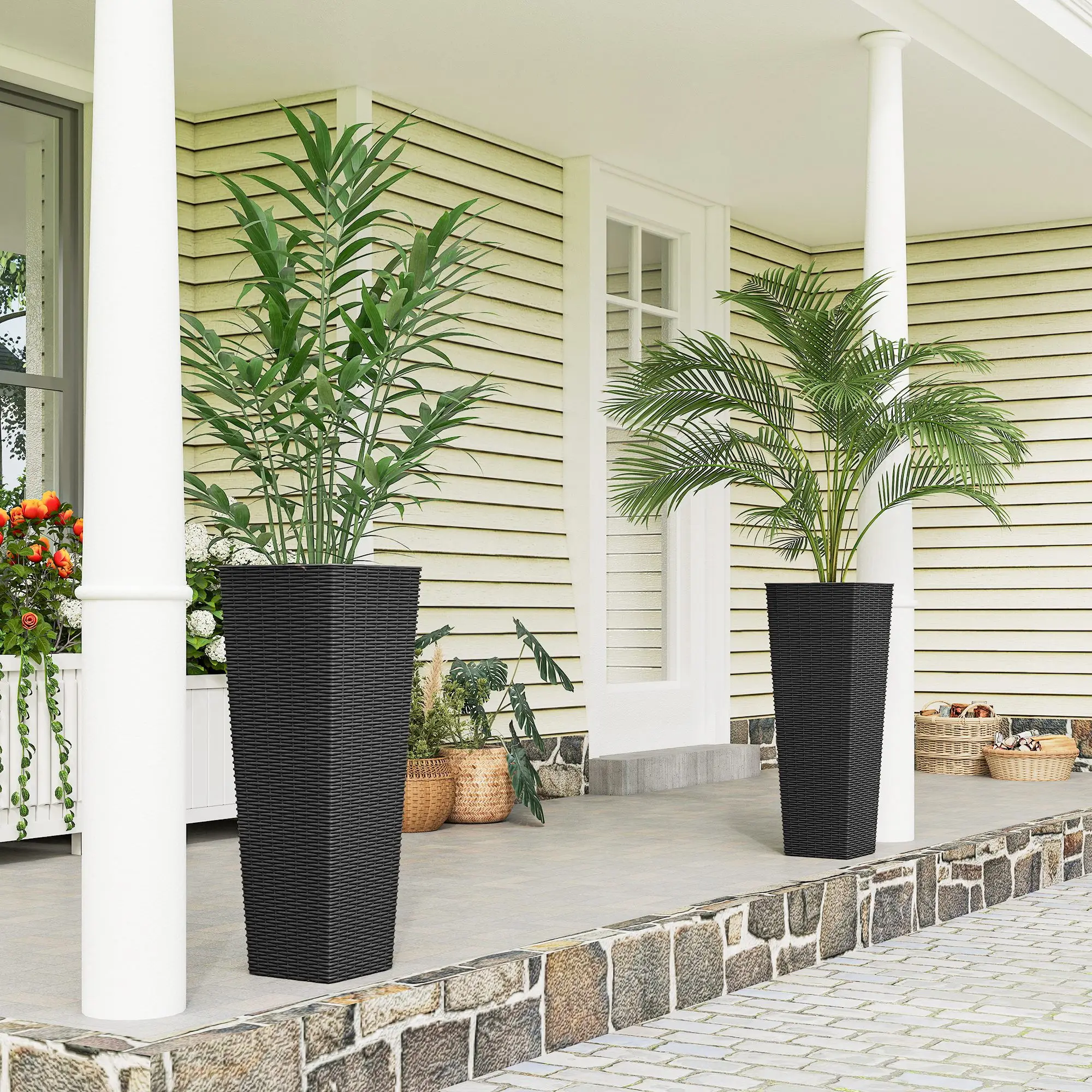 Set of 2 Tall 32 Inch Plastic Outdoor Planters with Drainage Holes Black Rattan Look UV Resistant Stackable for Patio Garden
Set of 2 Tall 32 Inch Plastic Outdoor Planters with Drainage Holes Black Rattan Look UV Resistant Stackable for Patio Garden