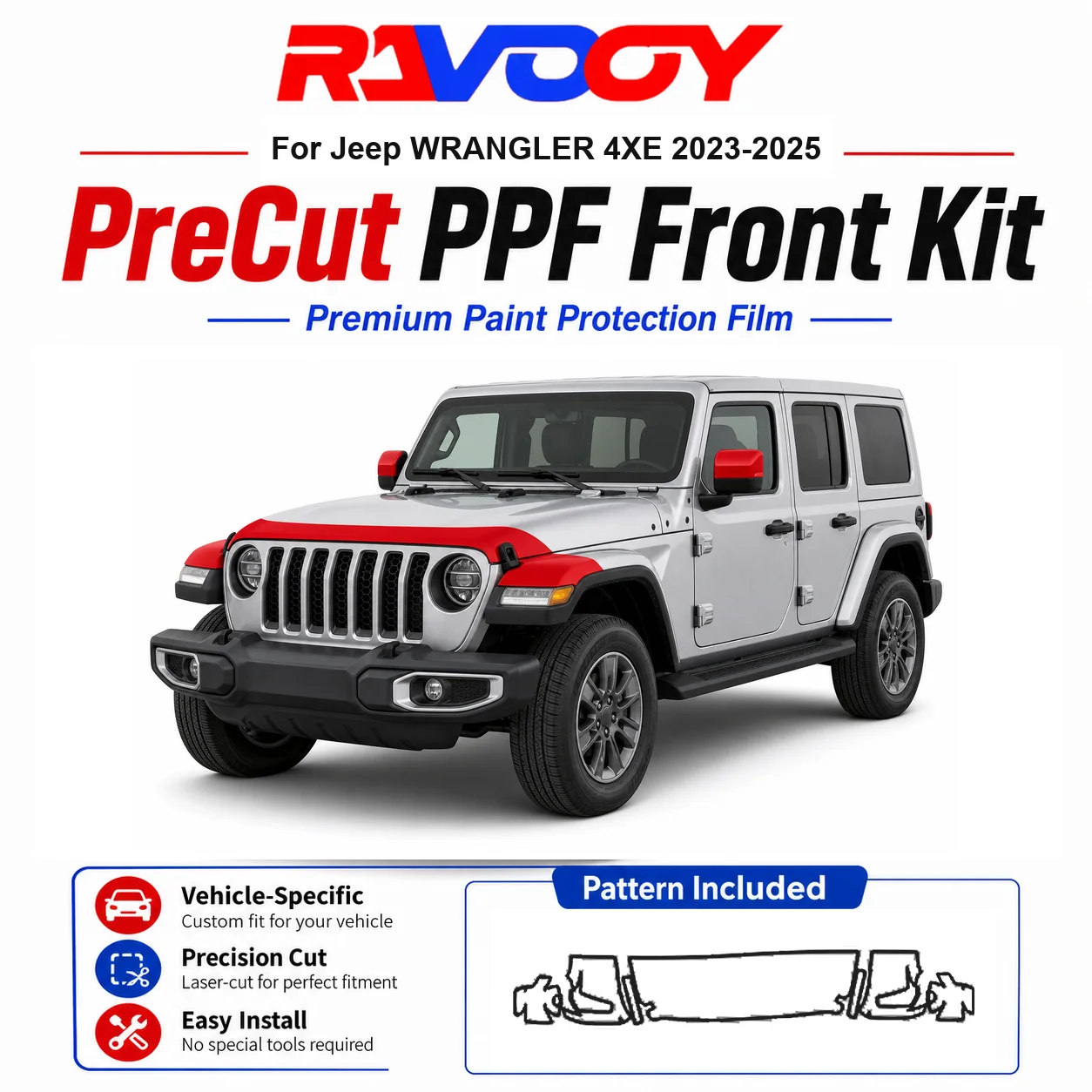 8.5mil TPU Precut PPF Kit For Jeep WRANGLER 4XE 2023-2025 - Hood, Fenders & Mirror Set - Self-Healing Clear Bra Film
8.5mil TPU Precut PPF Kit For Jeep WRANGLER 4XE 2023-2025 - Hood, Fenders & Mirror Set - Self-Healing Clear Bra Film