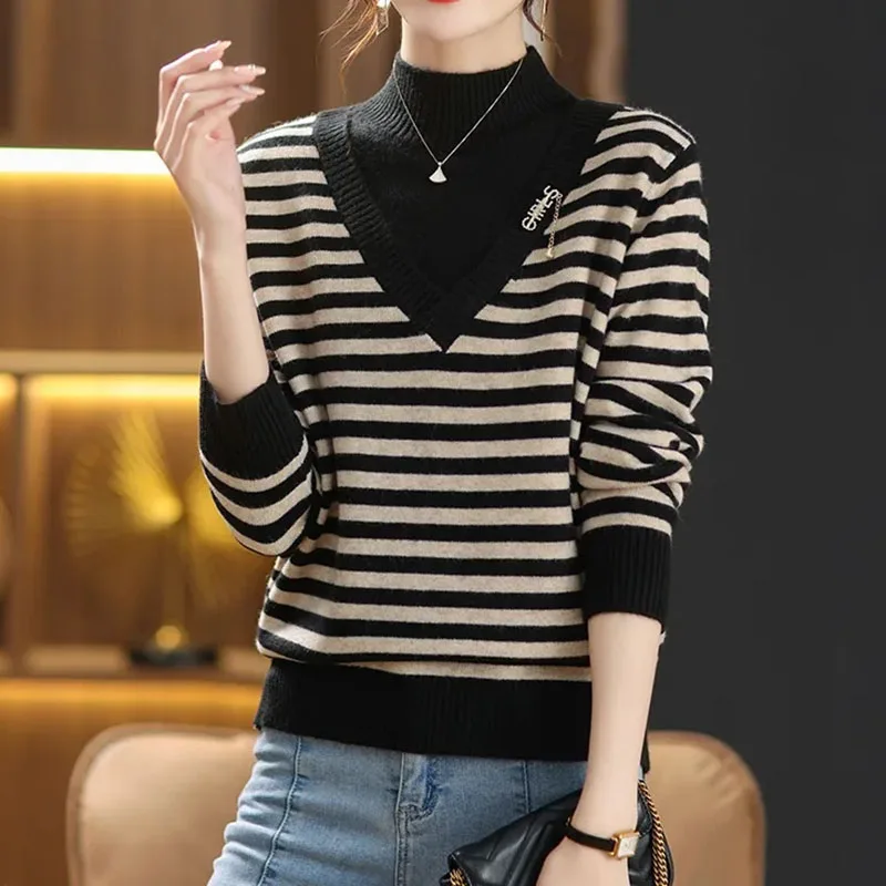 Autumn Winter Female Half High Collar Pullover Sweater Ladies Fake Two Pieces Stripe Knit Korean Women Large Size 4XL Knitwear
Autumn Winter Female Half High Collar Pullover Sweater Ladies Fake Two Pieces Stripe Knit Korean Women Large Size 4XL Knitwear