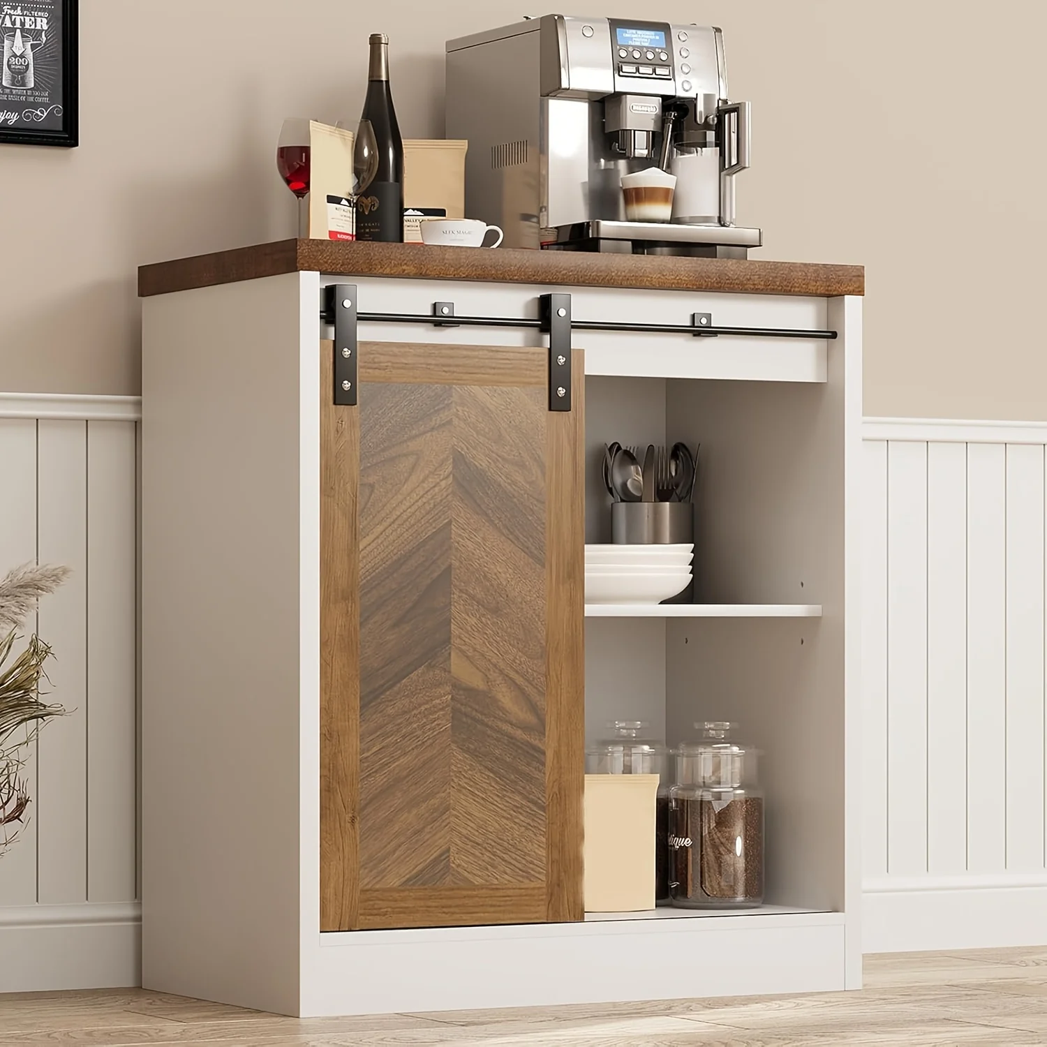 White Cabinet With Sliding Barn Doors, 27.9" H Farmhouse-Style Coffee Bar Cabinet With Storage Space And Adjustable Shelves, Suitable For Kitchens And Living Rooms, 2pcs, 1pc
White Cabinet With Sliding Barn Doors, 27.9" H Farmhouse-Style Coffee Bar Cabinet With Storage Space And Adjustable Shelves, Suitable For Kitchens And Living Rooms, 2pcs, 1pc