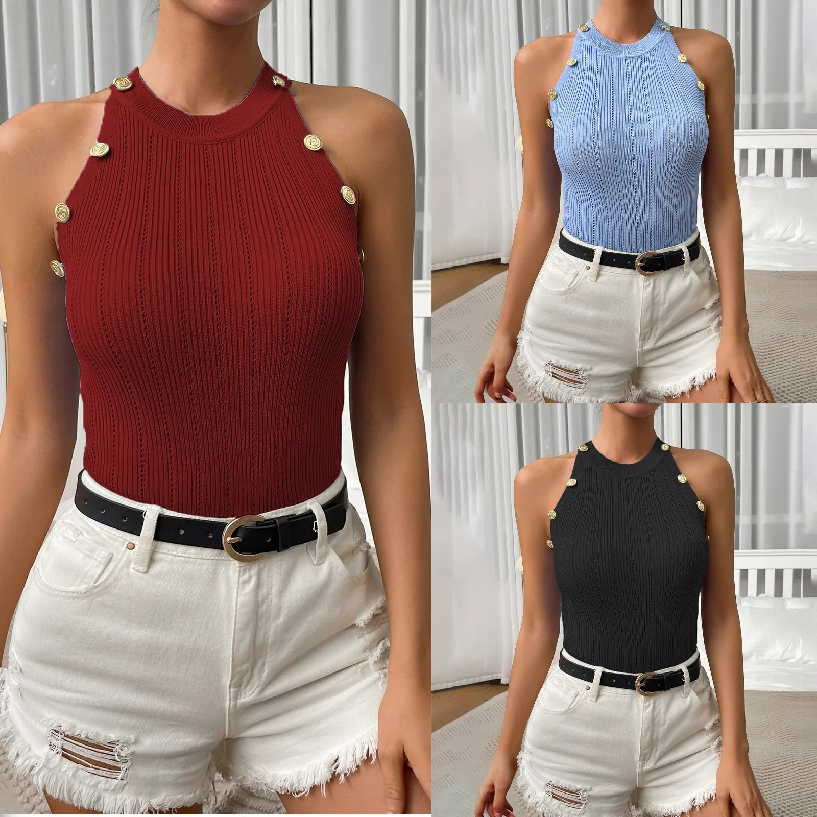2023 Y2K Streetwear Slim Tank Tops Women's Button Cut Shoulder Sleeveless Hanging Neck Knitted Top Vest Camisole Women Blouses
2023 Y2K Streetwear Slim Tank Tops Women's Button Cut Shoulder Sleeveless Hanging Neck Knitted Top Vest Camisole Women Blouses
