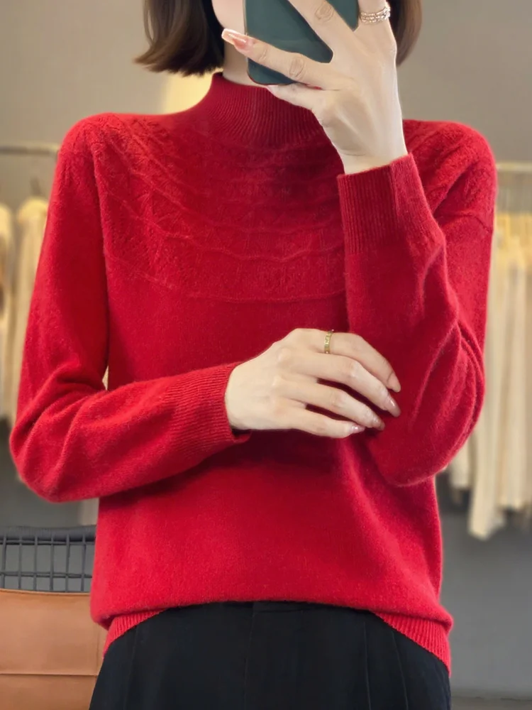 New Chic Women's Mock Neck Pullover Autumn Winter 100% Merino Wool Knitwear Soft Warm Hollow Out Sweater Female Clothing Tops
New Chic Women's Mock Neck Pullover Autumn Winter 100% Merino Wool Knitwear Soft Warm Hollow Out Sweater Female Clothing Tops