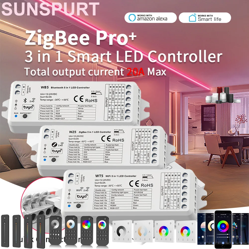 5Zigbee BT 5in1 WiFi Smart LED Controller 5050 RGB+CCT RGBCW Strip Light Dimmable 12V 24V Tuya Smart Life APP Voice Alexa Google 
5Zigbee BT 5in1 WiFi Smart LED Controller 5050 RGB+CCT RGBCW Strip Light Dimmable 12V 24V Tuya Smart Life APP Voice Alexa Google