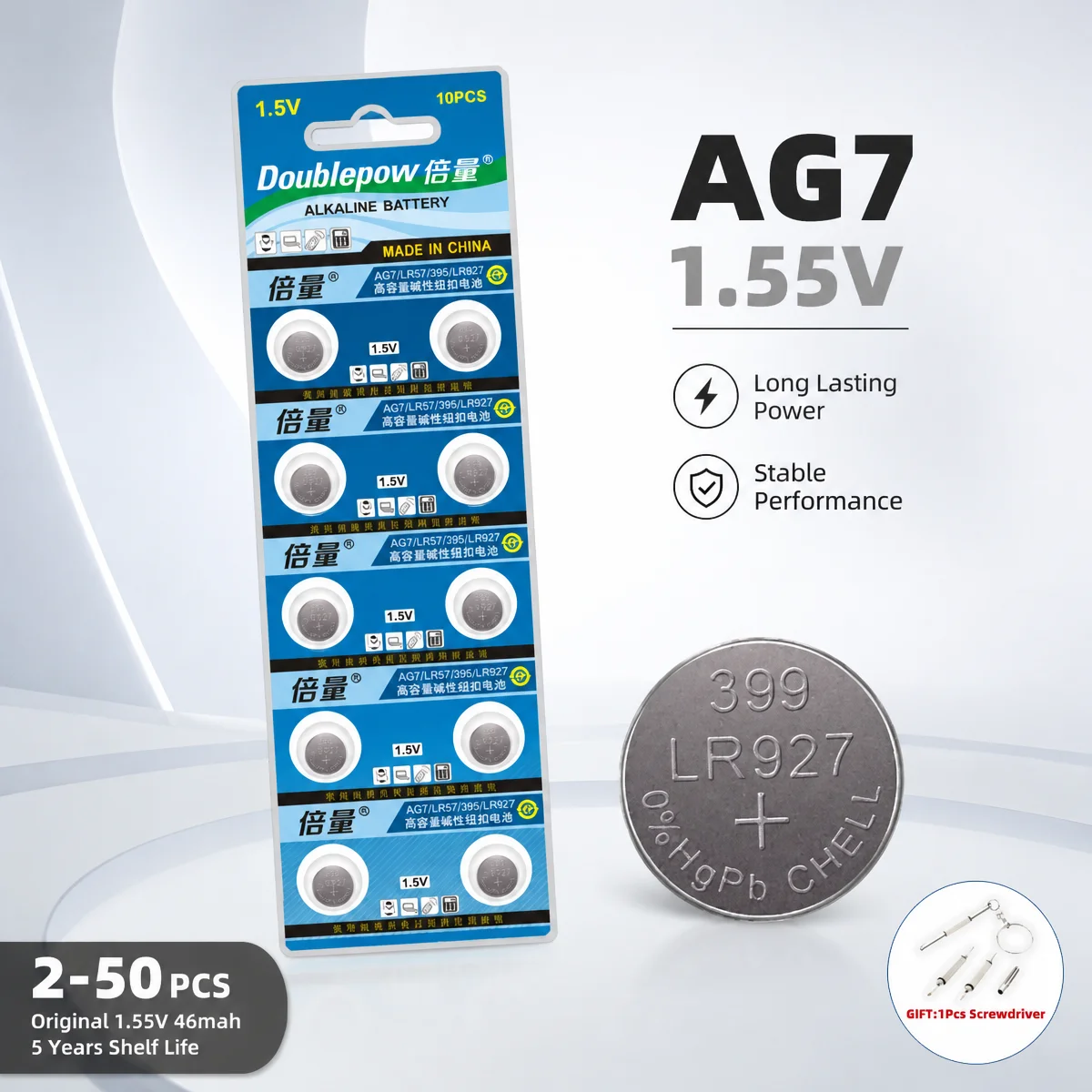 2-50 Pcs Doublepow AG7 Alkaline Button Cell Batteries LR927 LR57 SR927W 399 GR927 395A for Watches Toys Remotes
2-50 Pcs Doublepow AG7 Alkaline Button Cell Batteries LR927 LR57 SR927W 399 GR927 395A for Watches Toys Remotes