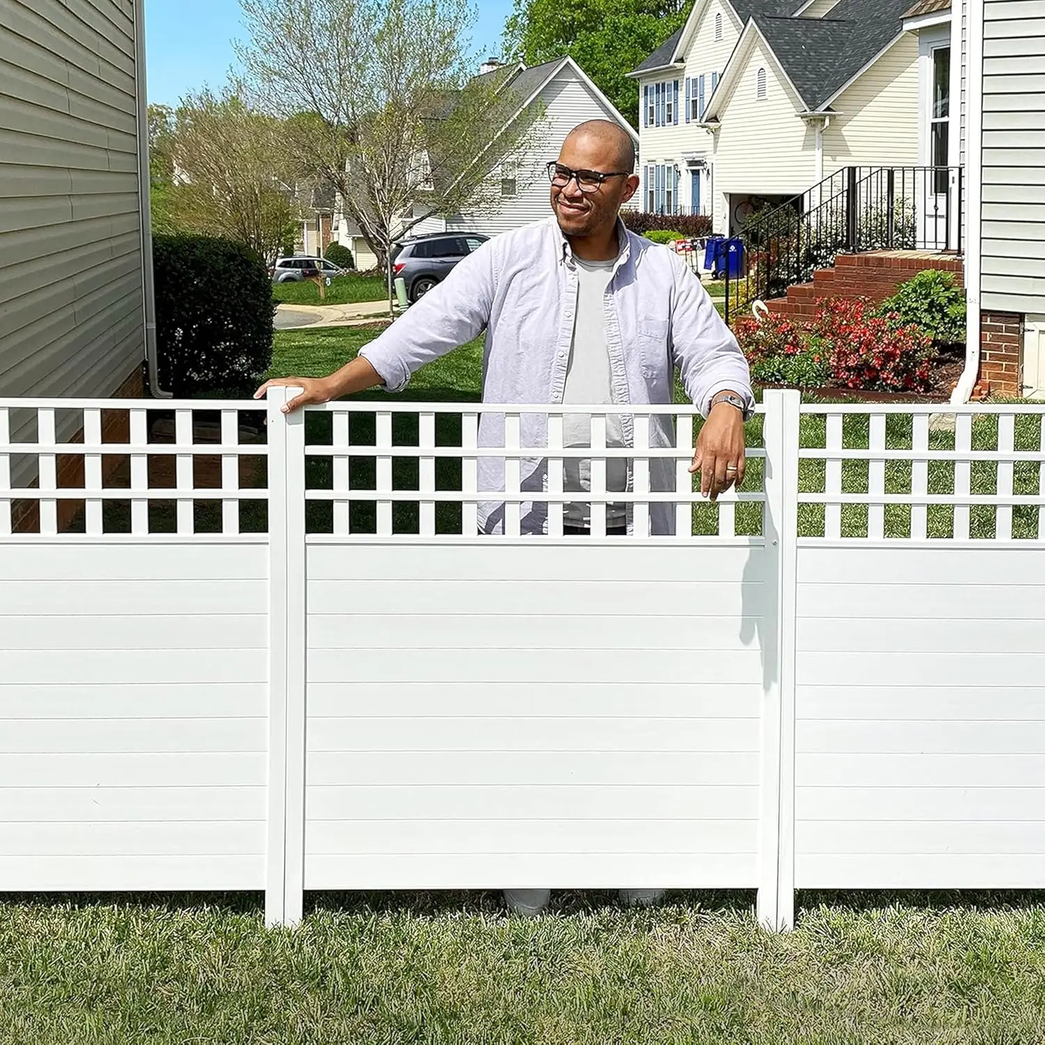 44in H x 42in W No Dig Privacy Fence Panels, White Vinyl Screen for Yard, Trash Can Enclosure, AC Unit Cover
44in H x 42in W No Dig Privacy Fence Panels, White Vinyl Screen for Yard, Trash Can Enclosure, AC Unit Cover