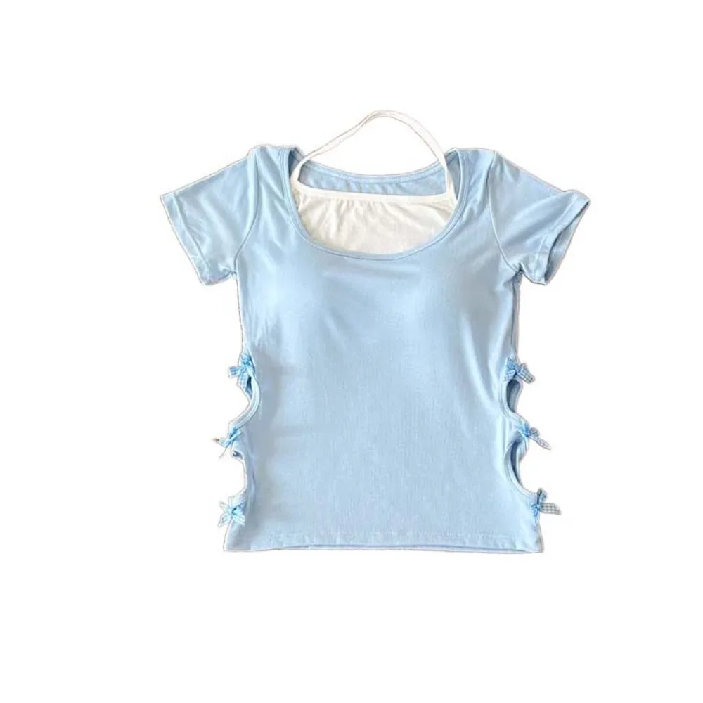 Streetwear Bowknot Fake Two Pieces T-shirt Hollow Slim Fit Halter T-shirt Women Undershirts with Pads Y2K Crop Tops Beach
Streetwear Bowknot Fake Two Pieces T-shirt Hollow Slim Fit Halter T-shirt Women Undershirts with Pads Y2K Crop Tops Beach