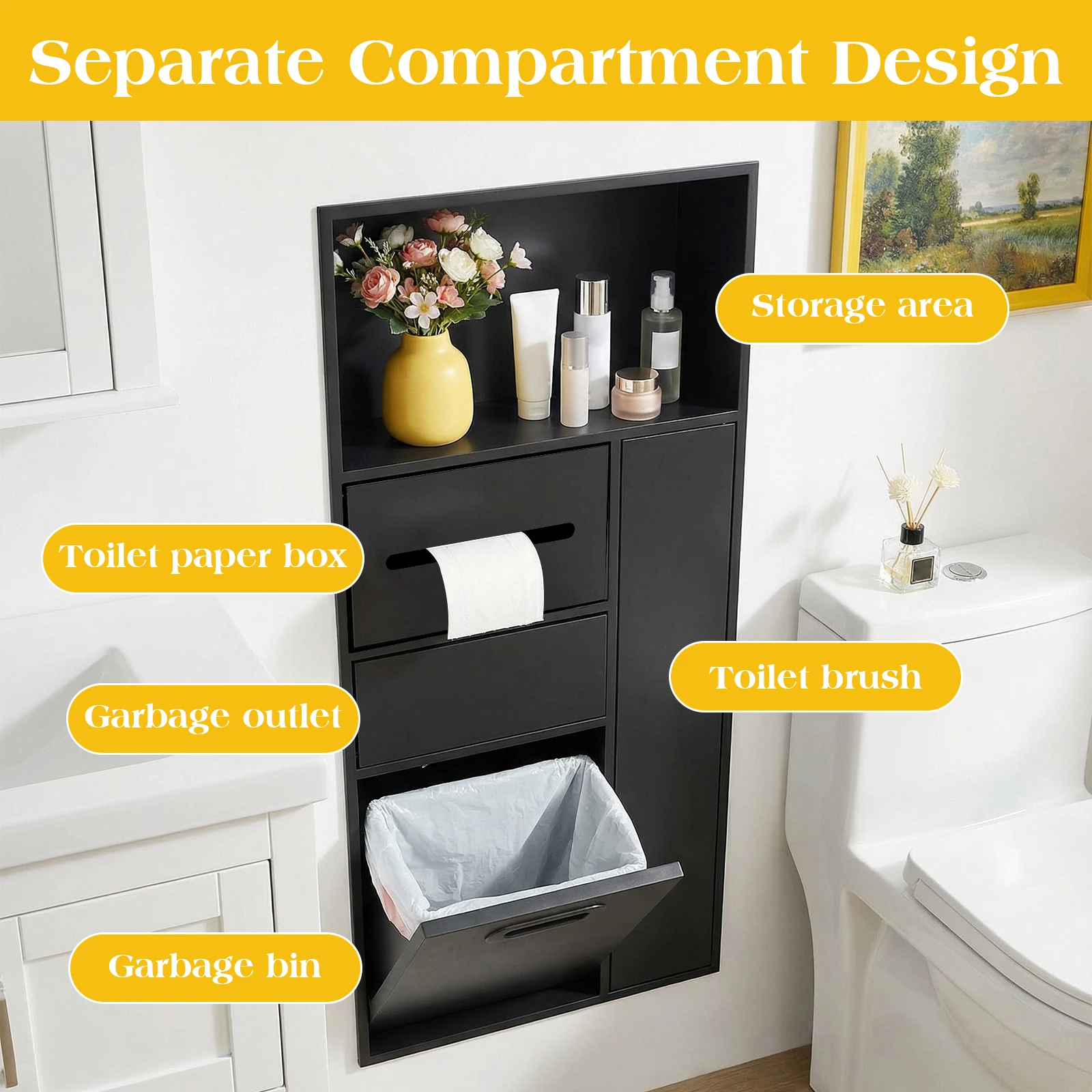 Toilet Paper Toiletries Storage Rack Waterproof with Tipping Bucket Trash Can for Kitchen Living Room Bedroom Hotel Residential
Toilet Paper Toiletries Storage Rack Waterproof with Tipping Bucket Trash Can for Kitchen Living Room Bedroom Hotel Residential