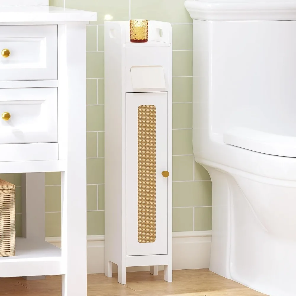 Slim Bathroom Cabinet with Toilet Paper Holder Rattan Door Adjustable Shelf Freestanding Narrow White
Slim Bathroom Cabinet with Toilet Paper Holder Rattan Door Adjustable Shelf Freestanding Narrow White