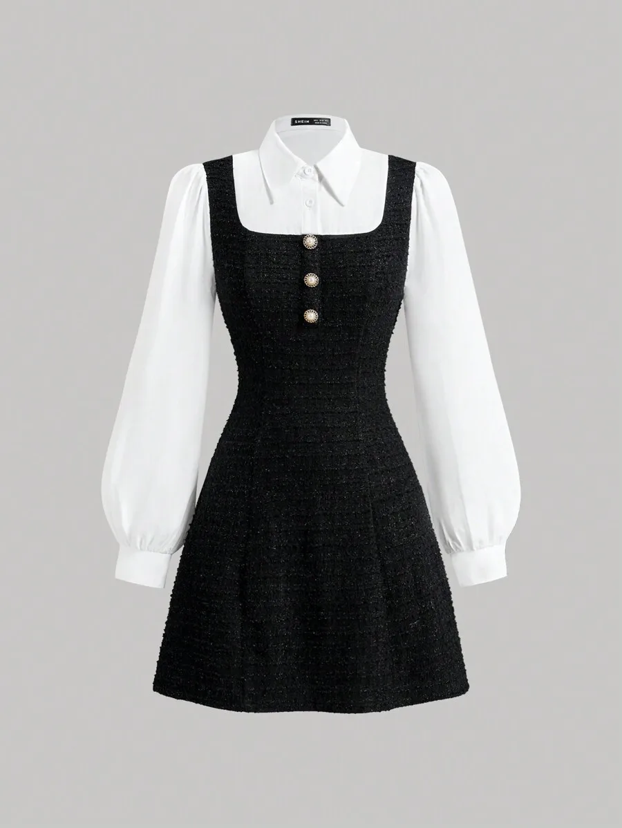 Women's Tweed A-Line Dress with Collared Shirt Layer, Button Detail, Autumn
Women's Tweed A-Line Dress with Collared Shirt Layer, Button Detail, Autumn