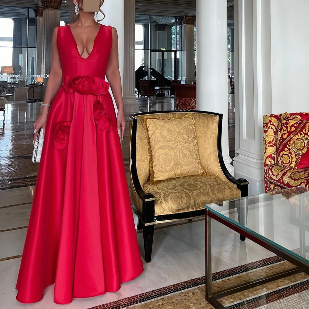 Red 3D Flowers Satin A-Line V-Ncek Evening Dresses Floor Length Sleeveless Modern and Classic Open Back Pleats Prom Party Gowns
Red 3D Flowers Satin A-Line V-Ncek Evening Dresses Floor Length Sleeveless Modern and Classic Open Back Pleats Prom Party Gowns