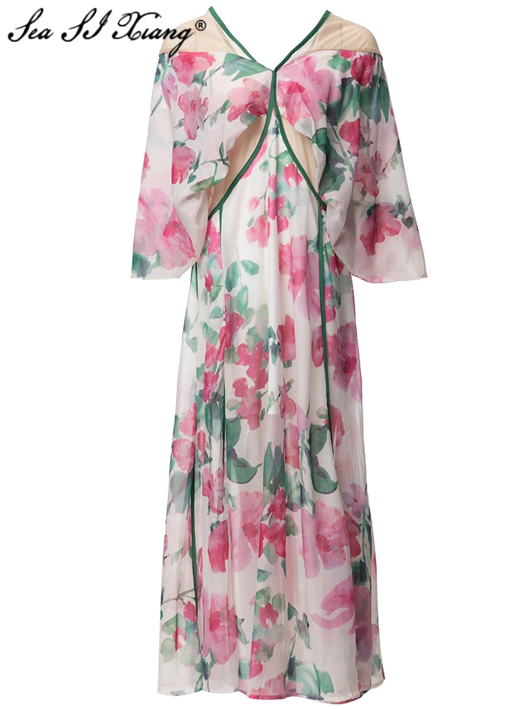 Seasixiang Fashion Designer Summer Dress Women V-Neck Butterfly Sleeve Mesh Patchwork Flowers Print Elegant Party Long Dresses
Seasixiang Fashion Designer Summer Dress Women V-Neck Butterfly Sleeve Mesh Patchwork Flowers Print Elegant Party Long Dresses
