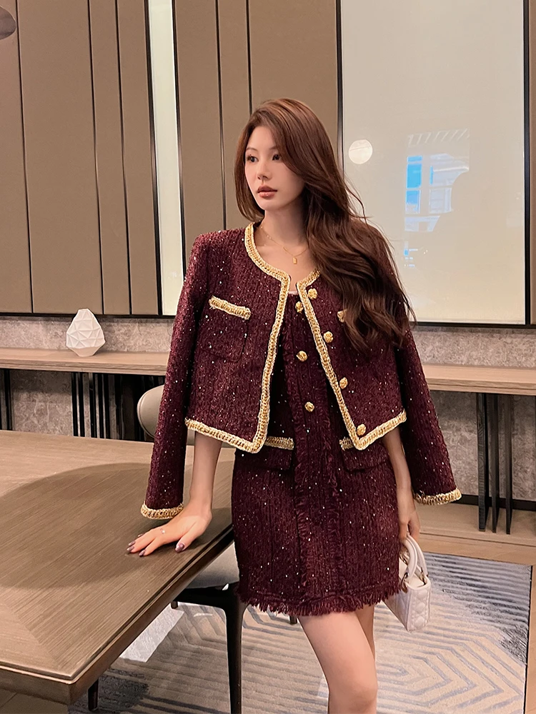 Christmas New Year Set Dress Purple Thickened Woolen Shiny Silk Short Coat Little Fragrance Dress Two Piece Set Women
Christmas New Year Set Dress Purple Thickened Woolen Shiny Silk Short Coat Little Fragrance Dress Two Piece Set Women