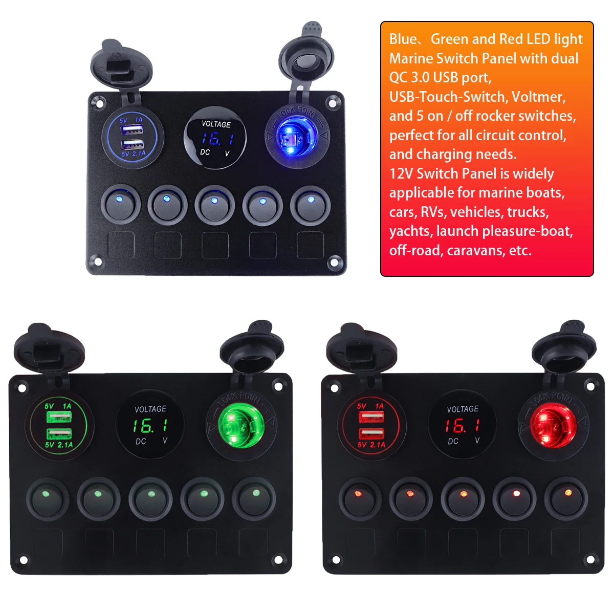 5 Gang Rocker Switch Panel 12V, LED Toggle Panel w/ Voltmeter & QC3.0 USB Charger, DC 12/24V Socket for Boat RV Car Truck Marine
5 Gang Rocker Switch Panel 12V, LED Toggle Panel w/ Voltmeter & QC3.0 USB Charger, DC 12/24V Socket for Boat RV Car Truck Marine