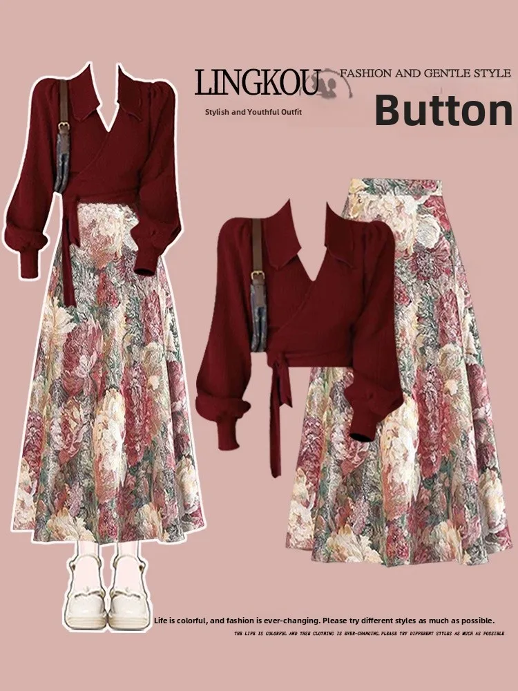 Elegant V-neck Knitwear And High-waist Floral Skirt Two-piece Set for Women Autumn Professional Lightweight Slimming Ensemble
Elegant V-neck Knitwear And High-waist Floral Skirt Two-piece Set for Women Autumn Professional Lightweight Slimming Ensemble