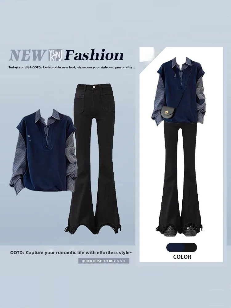 Slimming High Waist Flared Jeans Collar Two-Piece Set Spring Fashion Hong Kong Style Contrast Color Women's Clothing
Slimming High Waist Flared Jeans Collar Two-Piece Set Spring Fashion Hong Kong Style Contrast Color Women's Clothing