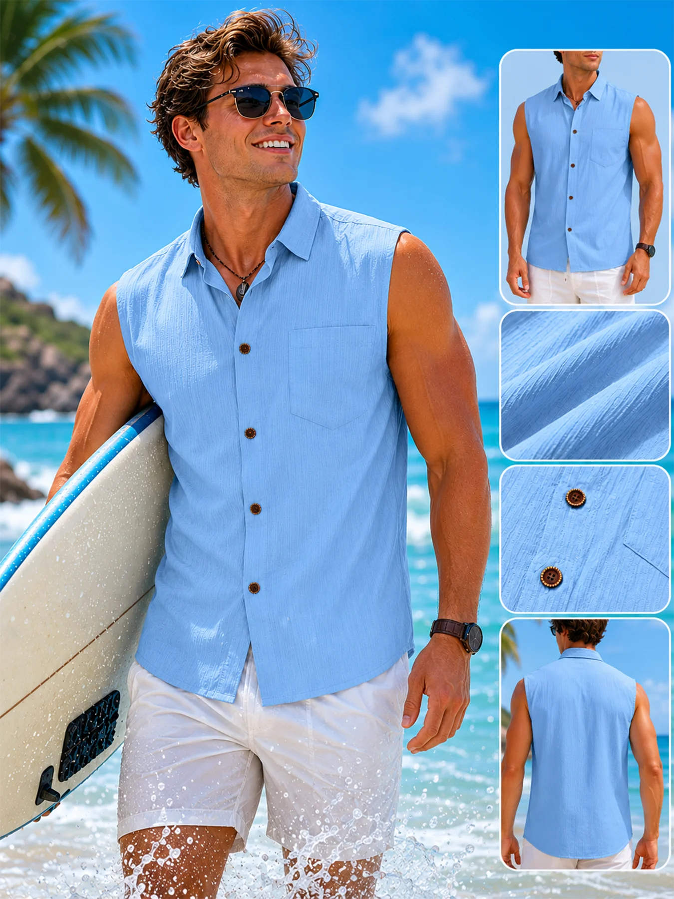 Men’s Summer Sleeveless Beach Shirt – Casual Button Up Muscle Tank Top for Vacation Resort Wear
Men’s Summer Sleeveless Beach Shirt – Casual Button Up Muscle Tank Top for Vacation Resort Wear