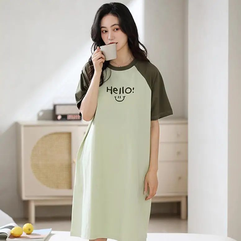 Women Pure Cotton Sweet Short Sleeve Nightgowns Female Summer Letter Printed Color Block Sleepshirts Girls Nightdress Loungewear
Women Pure Cotton Sweet Short Sleeve Nightgowns Female Summer Letter Printed Color Block Sleepshirts Girls Nightdress Loungewear
