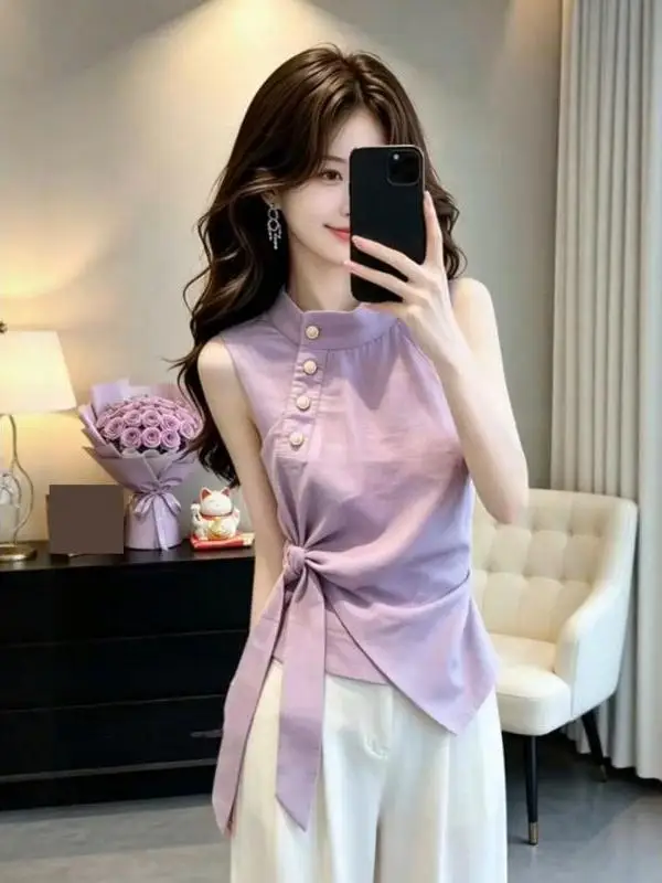 Purple Fashionable Casual Sleeveless Shirt Knot Design Top Women's Premium Quality Summer New Style 2026 Trendy Elegant Shirt
Purple Fashionable Casual Sleeveless Shirt Knot Design Top Women's Premium Quality Summer New Style 2026 Trendy Elegant Shirt