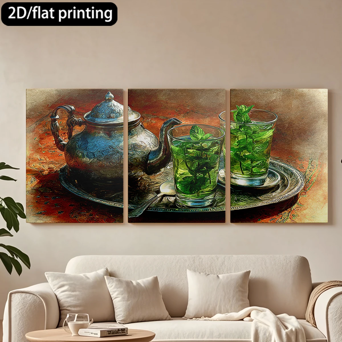 2D flat printing 3pc wooden frame canvas decorative painting Silver teapot, mint-infused tea.Corridor bedroom decoration
2D flat printing 3pc wooden frame canvas decorative painting Silver teapot, mint-infused tea.Corridor bedroom decoration