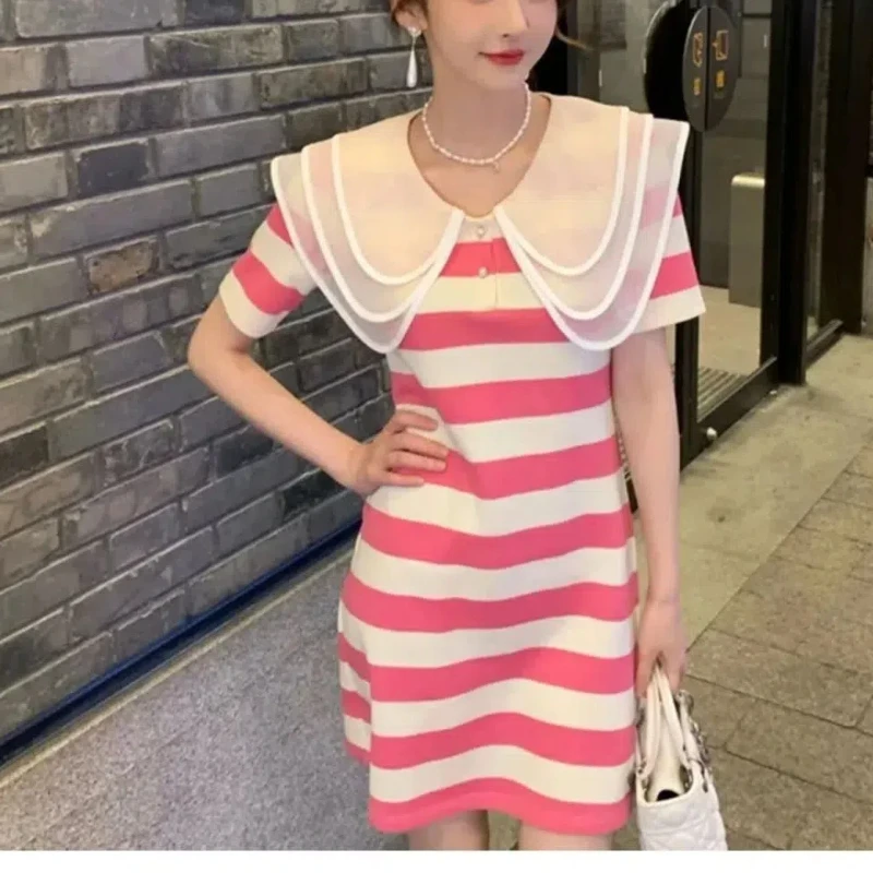 Korean Trendy Contrast Color Striped Knitted Thin Summer New Women's Clothing Sailor Collar Sweet Elegant Straight Loose Dress
Korean Trendy Contrast Color Striped Knitted Thin Summer New Women's Clothing Sailor Collar Sweet Elegant Straight Loose Dress