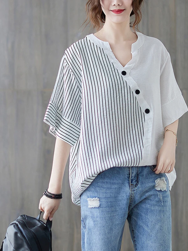 Loose V-Neck Striped Shirt Women's Casual Comfortable Korean Style Asymmetric Splicing Summer Fashion Top plus Size
Loose V-Neck Striped Shirt Women's Casual Comfortable Korean Style Asymmetric Splicing Summer Fashion Top plus Size
