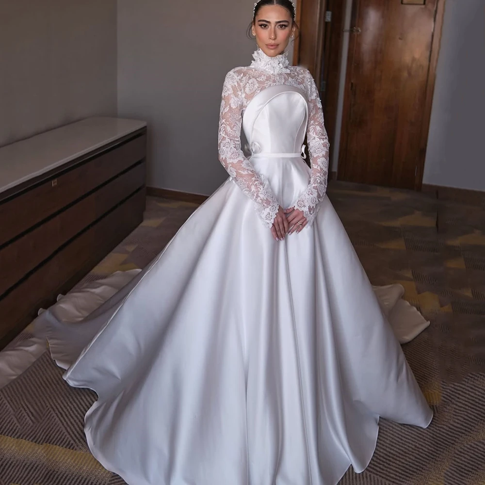 Customized High Neck White Satin A-line Evening Dress ILLUSION Full Sleeves Lace Party Gown Backless Floor Length Prom Dress
Customized High Neck White Satin A-line Evening Dress ILLUSION Full Sleeves Lace Party Gown Backless Floor Length Prom Dress