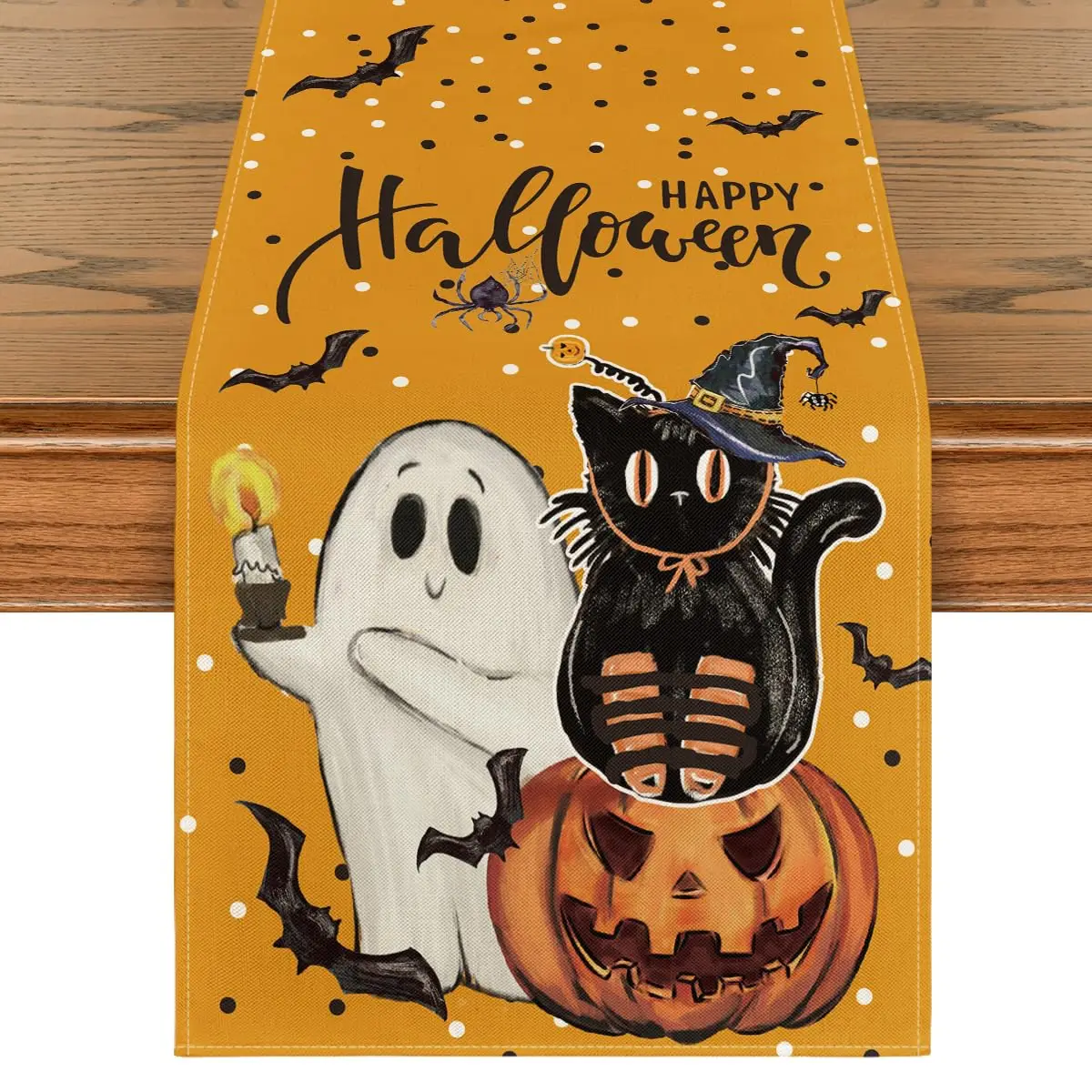 Orange Jack-O'-Lantern Pumpkin Ghost Black Cat Halloween Table Runner, Bat Kitchen Dining Table Decoration for Home Party Decor
Orange Jack-O'-Lantern Pumpkin Ghost Black Cat Halloween Table Runner, Bat Kitchen Dining Table Decoration for Home Party Decor