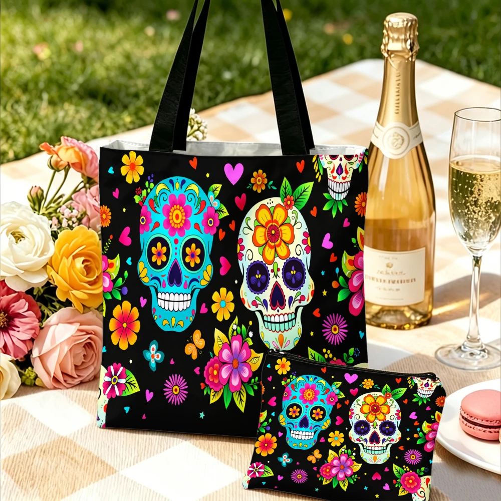 Colorful Sugar Skull Tote Bag Floral And Heart Pattern Shoulder Bags And Cosmetic Bag Combination For Everyday Use Storage Pouch
Colorful Sugar Skull Tote Bag Floral And Heart Pattern Shoulder Bags And Cosmetic Bag Combination For Everyday Use Storage Pouch