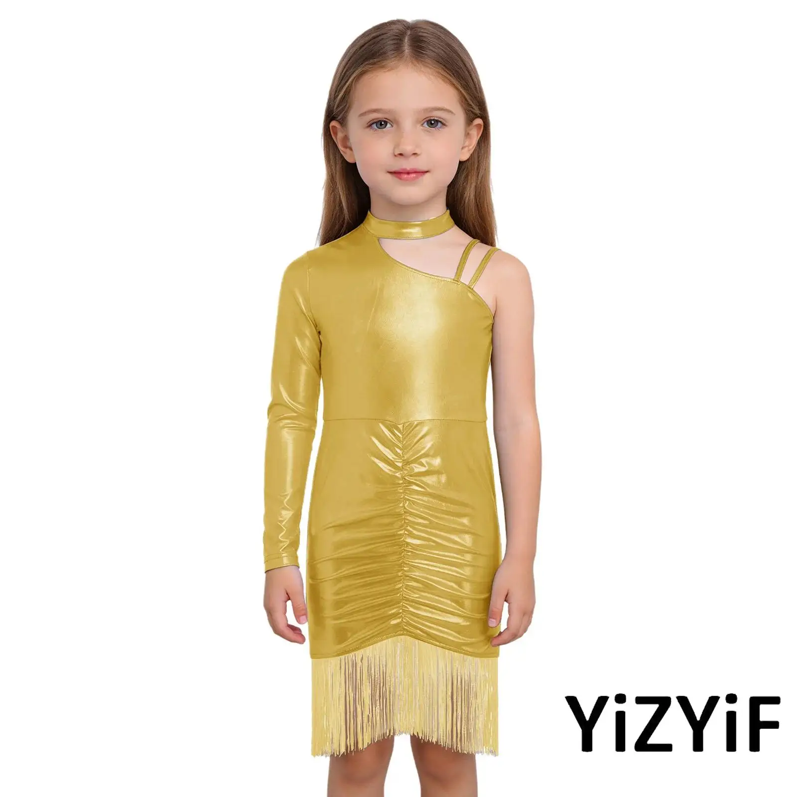 Kids Girls Latin Cha-cha Dance Dress Metallic Asymmetrical Shoulder Tassels Ruched Dress for Ballroom Stage Dance Competition
Kids Girls Latin Cha-cha Dance Dress Metallic Asymmetrical Shoulder Tassels Ruched Dress for Ballroom Stage Dance Competition