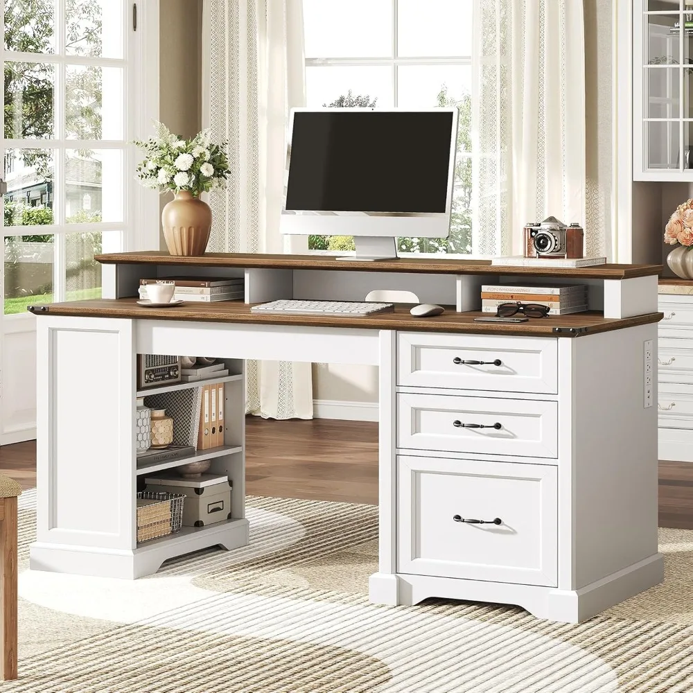 55'' Farmhouse Executive Desk with Drawers, Computer Desk with File Cabinet and Side Bookshelf, Writing Gaming Desk
55'' Farmhouse Executive Desk with Drawers, Computer Desk with File Cabinet and Side Bookshelf, Writing Gaming Desk