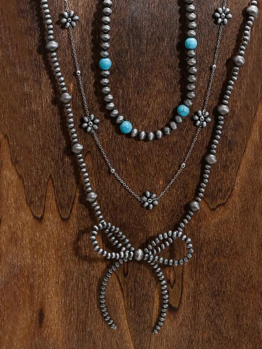 3pcs Bow Flower Black Pearl Turquoise Beaded Necklace Set For Women, Western Cowboy Style Bow Flower Silver Bead Chain Stacking
3pcs Bow Flower Black Pearl Turquoise Beaded Necklace Set For Women, Western Cowboy Style Bow Flower Silver Bead Chain Stacking