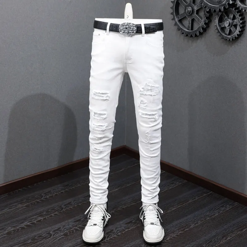 Designer Fashion New Men's Jeans Washed Nostalgic Perforated Patch Elastic Slimming Retro White Jeans High Street Hip Hop Brand
Designer Fashion New Men's Jeans Washed Nostalgic Perforated Patch Elastic Slimming Retro White Jeans High Street Hip Hop Brand