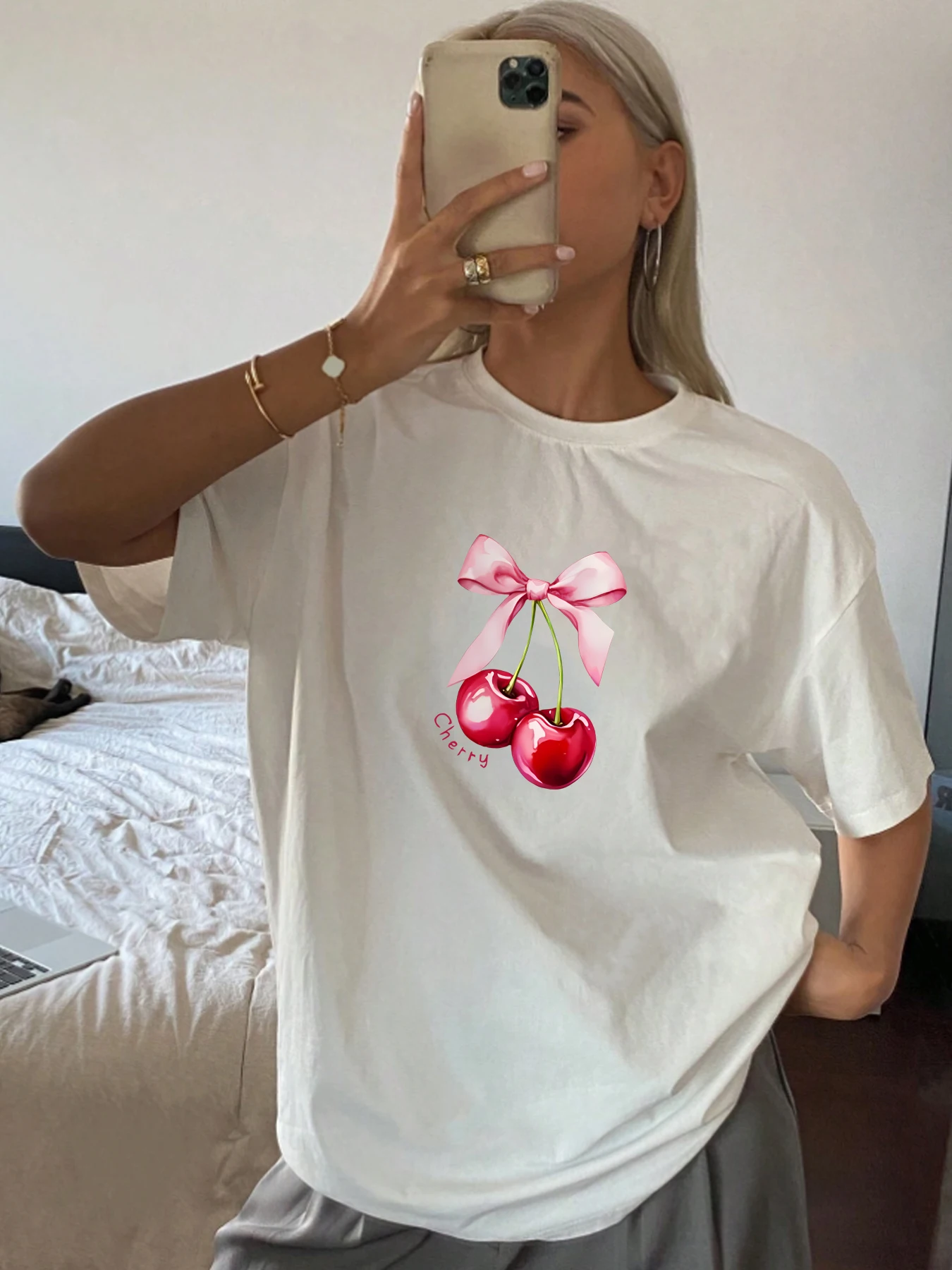 Cherry letter bow and cherry pattern T-shirt top trendy daily casual style women short sleeved shirt
Cherry letter bow and cherry pattern T-shirt top trendy daily casual style women short sleeved shirt