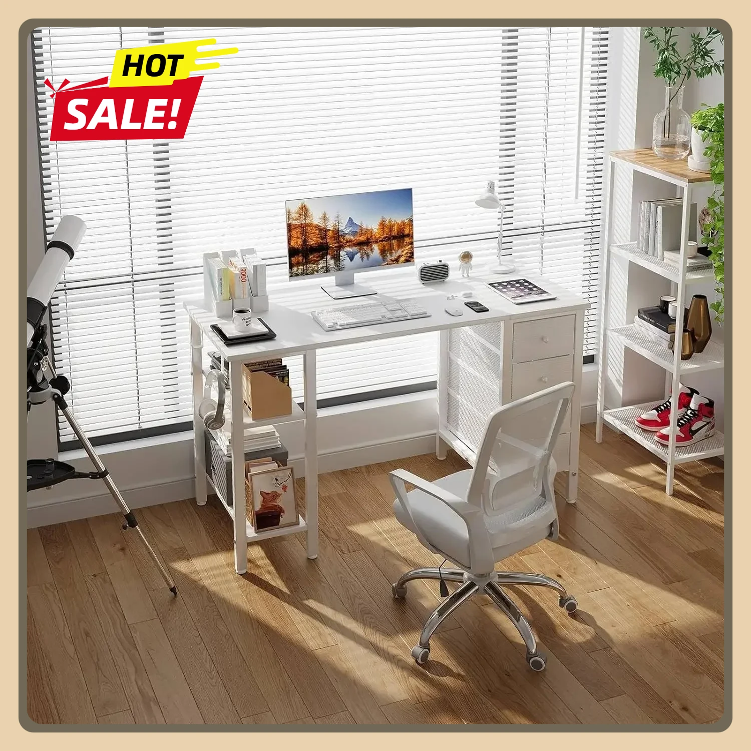 White Computer Desk Shelves, 47 Inch Study Work Writing Desk for Home Office Bedroom with Drawers & Storage
White Computer Desk Shelves, 47 Inch Study Work Writing Desk for Home Office Bedroom with Drawers & Storage